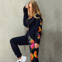 Butterfly Print Hooded Zip-Up Sweatshirt Set 52