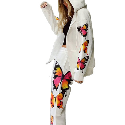 Butterfly Print Long Sleeve Hooded Zipper Casual Sweatshirt Set 50