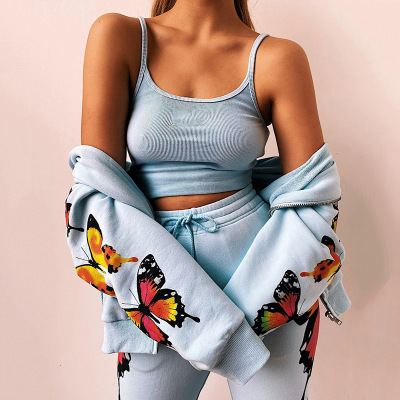 Butterfly Print Long Sleeve Hooded Zipper Casual Sweatshirt Set 51
