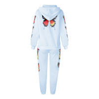 Butterfly Print Long Sleeve Hooded Zipper Casual Sweatshirt Set 51