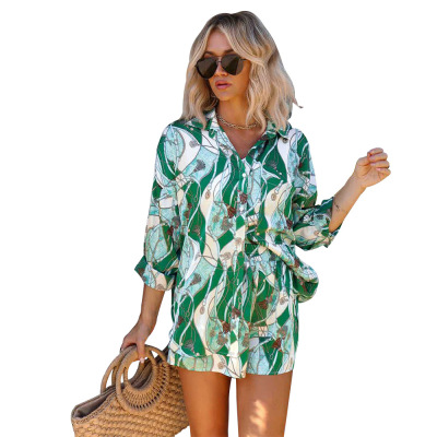 Fashion Printed Long Sleeve Cardigan Shirt Two-Piece Set 57