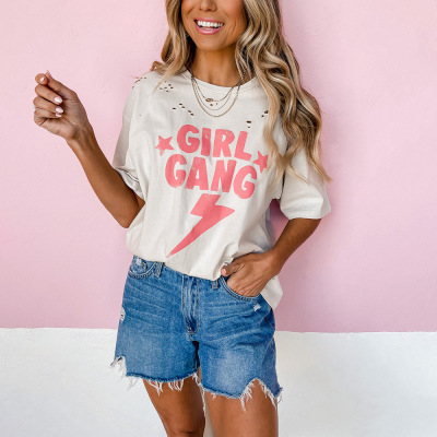 Letter Printed Ripped Loose Casual T-Shirt 44