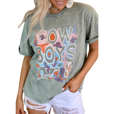 Letter Printed Round Neck Short Sleeve Casual T-Shirt 39