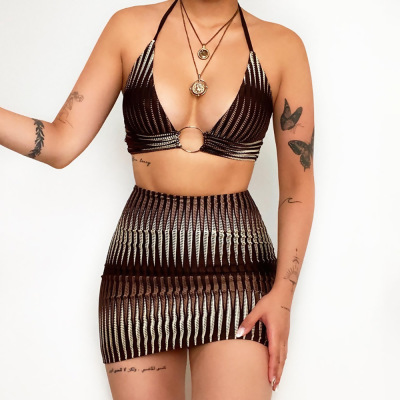 Printed Beach Sexy Halter Neck Swimsuit Bikini Skirt Set 59