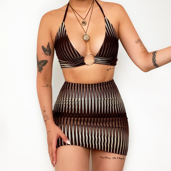 Printed Beach Sexy Halter Neck Swimsuit Bikini Skirt Set 59