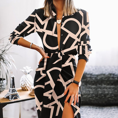 Printed long-sleeved sexy deep V split hip skirt suit 11