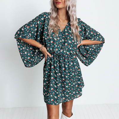 Printed V-neck bat long sleeve casual loose waist dress 5