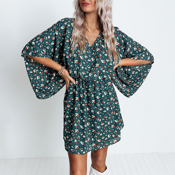 Printed V-neck bat long sleeve casual loose waist dress 5