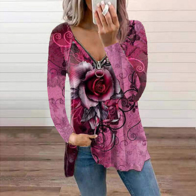 Printed V-neck long-sleeved zip-up casual loose T-shirt 42