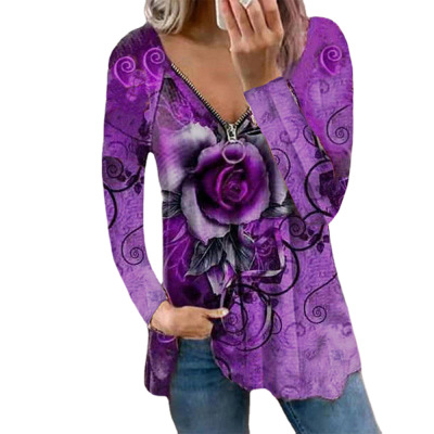 Printed V-neck zip-up casual loose T-shirt 43