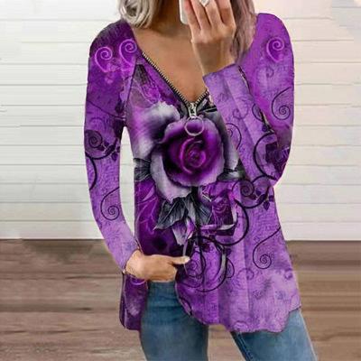 Printed V-neck zip-up casual loose T-shirt 43