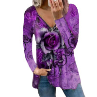 Printed V-neck zip-up casual loose T-shirt 43