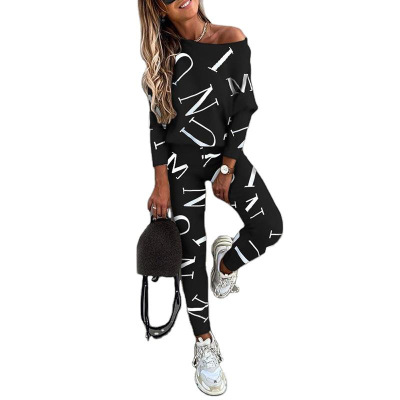 Women's letter print long sleeve trousers casual suit 46